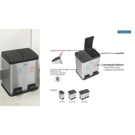 LIXEIRA RETANGULAR PEDAL TRAMONTINA DUPLA ACO INOX ACABAMENTO SCOTCH BRITE E BALDE INTERNO REMOVIVEL