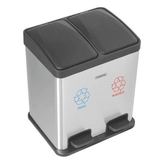 LIXEIRA RETANGULAR PEDAL TRAMONTINA DUPLA ACO INOX ACABAMENTO SCOTCH BRITE E BALDE INTERNO REMOVIVEL
