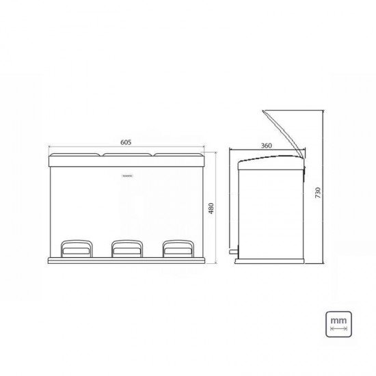 LIXEIRA RETANGULAR PEDAL TRAMONTINA DUPLA EM ACO INOX SCOTCH BRITE E BALDE INTERNO REMOVIVEL 3X15L