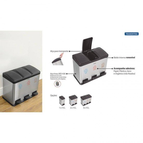 LIXEIRA RETANGULAR PEDAL TRAMONTINA DUPLA EM ACO INOX SCOTCH BRITE E BALDE INTERNO REMOVIVEL 3X15L