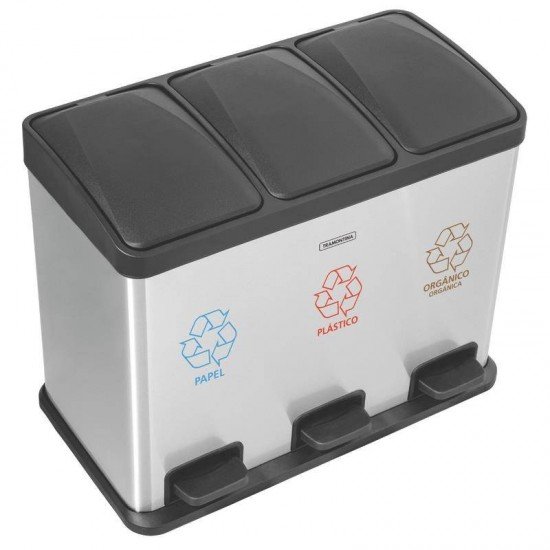 LIXEIRA RETANGULAR PEDAL TRAMONTINA DUPLA EM ACO INOX SCOTCH BRITE E BALDE INTERNO REMOVIVEL 3X15L