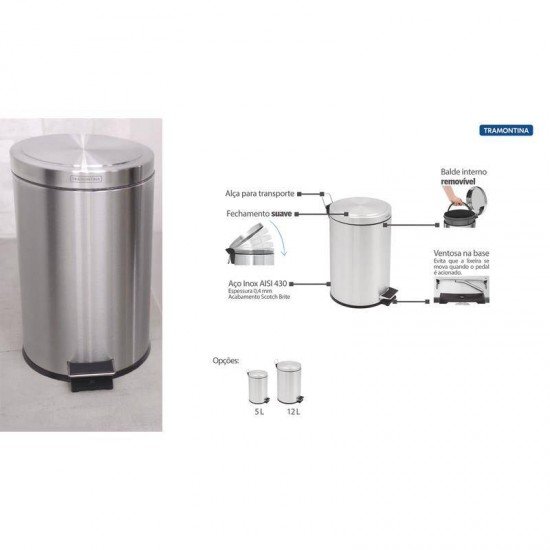 LIXEIRA INOX COM PEDAL TRAMONTINA ACABAMENTO SCOTCH BRITE E BALDE INTERNO REMOVIVEL 12 L BRASIL PLUS