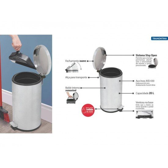 LIXEIRA INOX COM PEDAL BRASIL PLUS20L TRAMONTINA