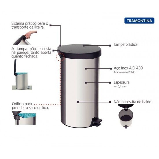 LIXEIRA NEW INOX COM PEDAL E ACABAMENTO POLIDO 20 LITROS TRAMONTINA