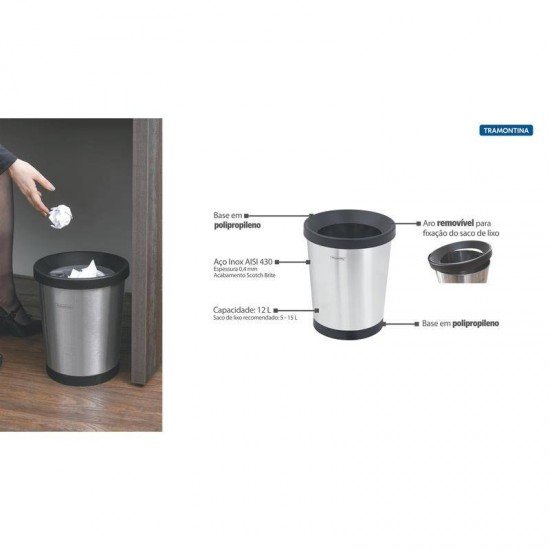CESTO PARA PAPEL TRAMONTINA EM ACO INOX ACABAME SCOTCH BRITE BASE E ARO EM POLIPROPILENO 12 L KONIKA