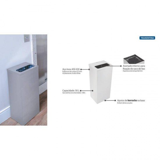 LIXEIRA INOX TRAMONTINA COM ACABAMENTO POLIDO 50L SQUARE