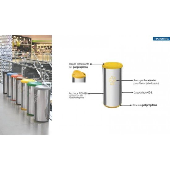 LIXEIRA INOX 40 LITROS CAPSULA SELECTA PLUS BASCULANTE TRAMONTINA AMARELA