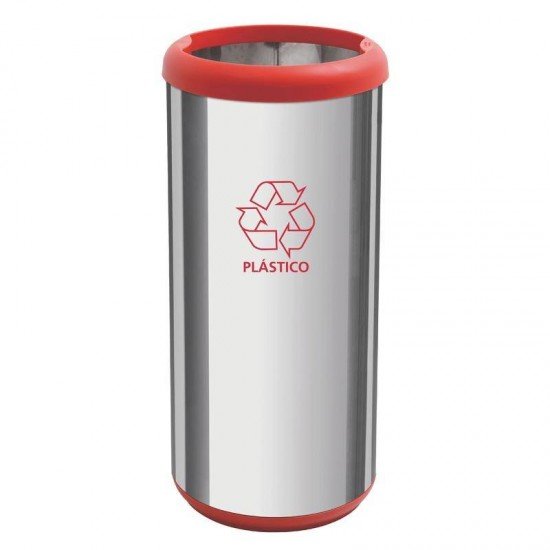 LIXEIRA INOX TRAMONTINA COM ACABAMENTO POLIDO, ARO E BASE VERMELHO EM POLIPROPILENO 40L