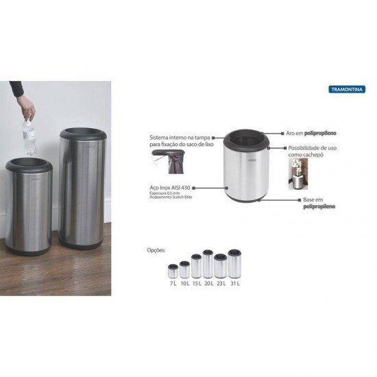 LIXEIRA INOX TRAMONTINA COM ACABAMENTO SCOTCH BRITE ARO E BASE EM POLIPROPILENO 23L