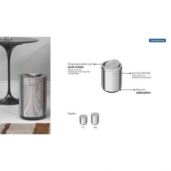 LIXEIRA INOX TRAMONTINA COM TAMPA BASCULANTE ACABAMENTO POLIDO E BASE EM POLIPROPILENO 10L