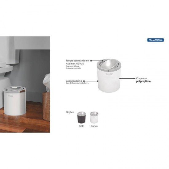 LIXEIRA TRAMONTINA TAMPA BASCULANTE EM ACO INOX ACABAMENTO POLIDO E CORPO EM POLIPROPILENO BRANCO 5L