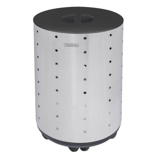 CESTO DE ROUPA BELLA TRAMONTINA EM ACO INOX ACABAMENTO SCOTCH BRITE RODIZIO TAMPA PRETA EM MDF 65KG