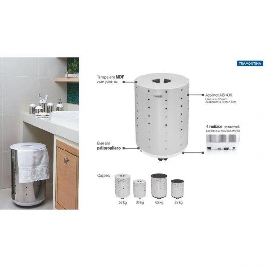 CESTO DE ROUPA BELLA TRAMONTINA EM ACO INOX ACABAMENTO SCOTCH BRITE RODIZIO TAMPA BRANCA EM MDF 35KG