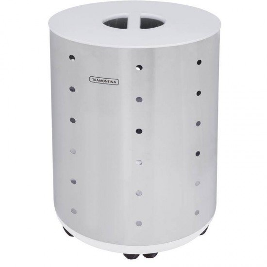CESTO DE ROUPA BELLA TRAMONTINA EM ACO INOX ACABAMENTO SCOTCH BRITE RODIZIO TAMPA BRANCA EM MDF 35KG
