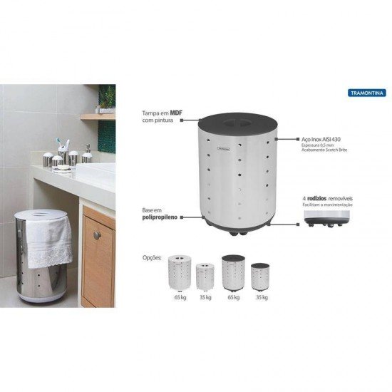 CESTO DE ROUPA BELLA TRAMONTINA EM ACO INOX ACABAMENTO SCOTCH BRITE RODIZIO TAMPA PRETA EM MDF 35KG