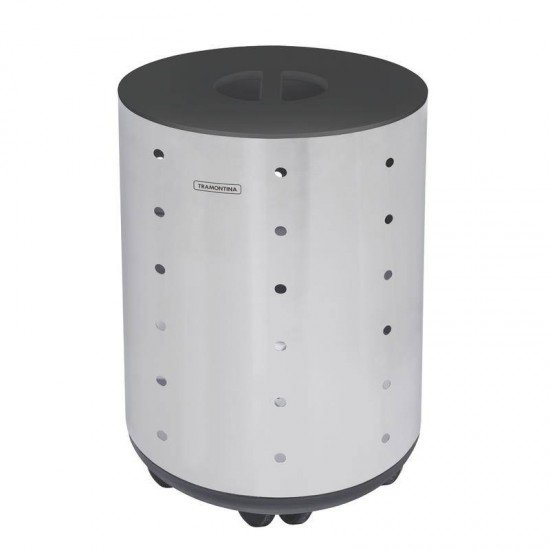 CESTO DE ROUPA BELLA TRAMONTINA EM ACO INOX ACABAMENTO SCOTCH BRITE RODIZIO TAMPA PRETA EM MDF 35KG