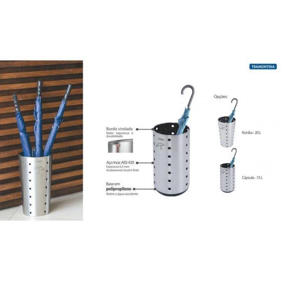 PORTA GUARDA-CHUVA TRAMONTINA EM ACO INOX COM ACABAMENTO SCOTCH BRITE E BASE EM POLIPROPILENO 15L
