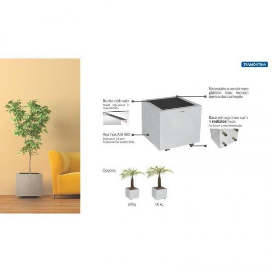 CACHEPO TRAMONTINA QUADRADO EM ACO INOX COM ACABAMENTO SCOTCH BRITE E RODIZIO 80KG