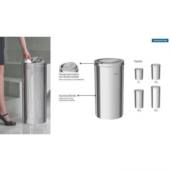 LIXEIRA INOX TRAMONTINA COM ACABAMENTO POLIDO E TAMPA BASCULANTE 5L