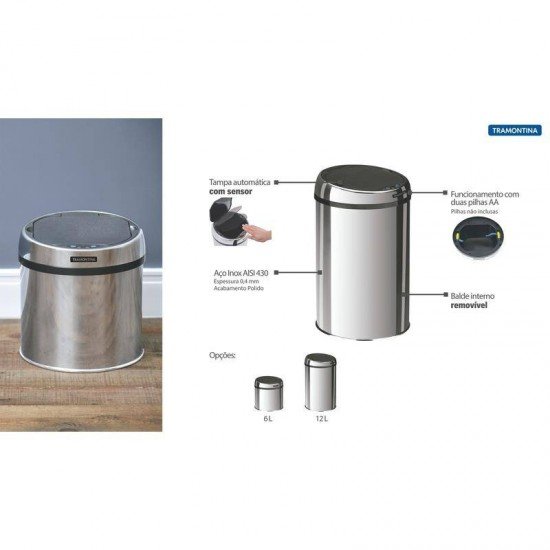 LIXEIRA INOX TRAMONTINA AUTOMATICA COM SENSOR E ACABAMENTO POLIDO 6L