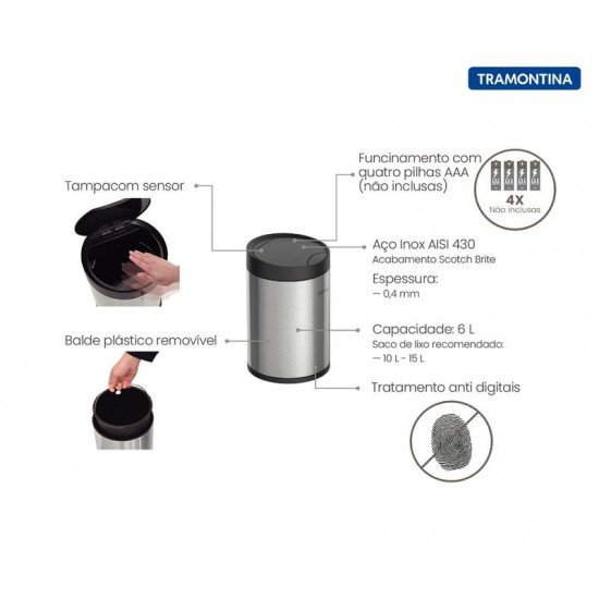 LIXEIRA TRAMONTINA SMART AUTOMÁTICA COM SENSOR EM AÇO INOX COM ACABAMENTO SCOTCH BRITE 6 L
