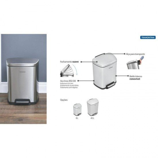 LIXEIRA INOX COM PEDAL TRAMONTINA COM ACABAMENTO SCOTCH BRITE E BALDE INTERNO REMOVIVEL 45L