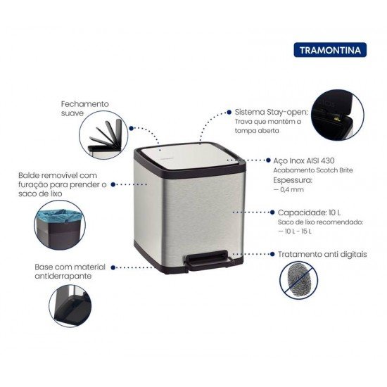 LIXEIRA TRAMONTINA OCTOS EM AÇO INOX COM BALDE REMOVÍVEL E PEDAL 10 L