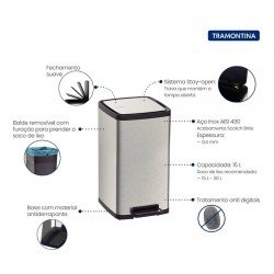 LIXEIRA TRAMONTINA OCTOS EM AÇO INOX COM BALDE REMOVÍVEL E PEDAL 15 L