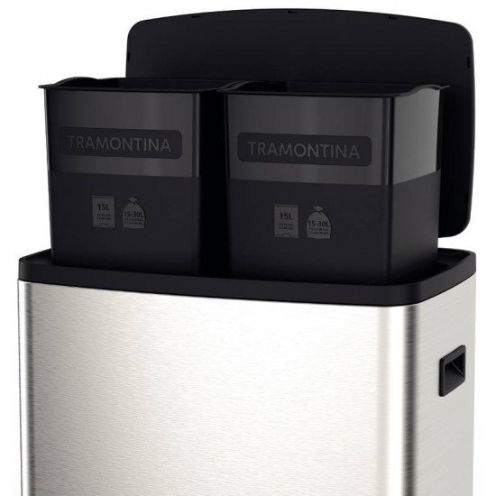 LIXEIRA TRAMONTINA OCTOS EM AÇO INOX COM 02 BALDES REMOVÍVEIS E PEDAL 15 L + 15 L