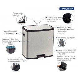 LIXEIRA TRAMONTINA OCTOS EM AÇO INOX COM 02 BALDES REMOVÍVEIS E PEDAL 15 L + 15 L