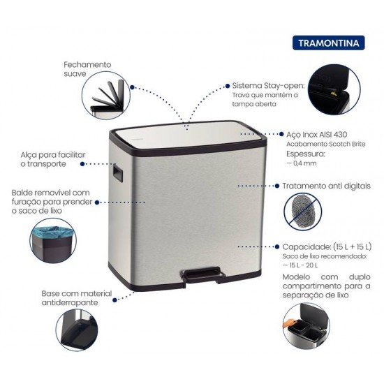 LIXEIRA TRAMONTINA OCTOS EM AÇO INOX COM 02 BALDES REMOVÍVEIS E PEDAL 15 L + 15 L