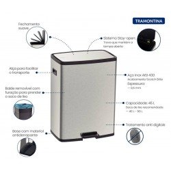 LIXEIRA TRAMONTINA OCTOS EM AÇO INOX COM BALDE REMOVÍVEL E PEDAL 45 L
