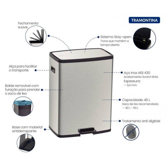 LIXEIRA TRAMONTINA OCTOS EM AÇO INOX COM BALDE REMOVÍVEL E PEDAL 45 L