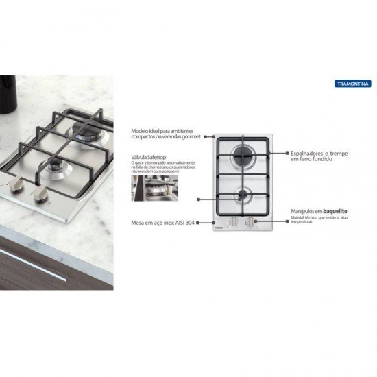 COOKTOP A GAS TRAMONTINA DOMINO 2GX HE SAFESTOP 30 EM ACO INOX