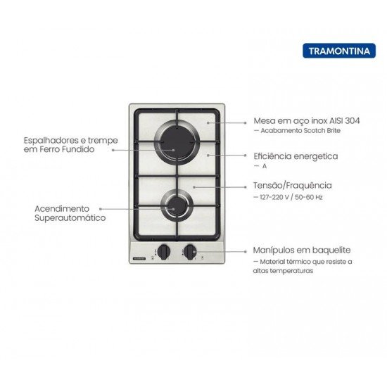 COOKTOP A GAS DOMINO FF 2GX 30 EM AÇO INOX 2 QUEIMADORES TRAMONTINA