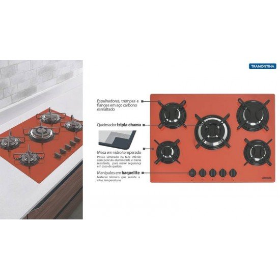 COOKTOP GAS GLASS VE PENTA 5GGTRI70 TRAMONTINA BIVOLT
