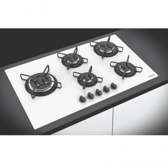 COOKTOP A GAS TRAMONTINA PENTA SIDE PLUS 5GG TRI 90 EM VIDRO TEMPERADO BRANCO