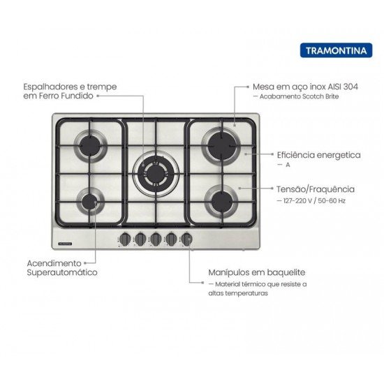 COOKTOP A GAS PENTA FF 5GX TRIPLA CHAMA 75 EM AÇO INOX 5 QUEIMADORES TRAMONTINA