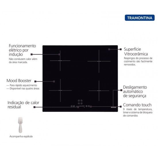 COOKTOP POR INDUÇÃO SQUARE SLIDER B AEI 60 VITROCERAMICO COMANDO 4 AREAS TOUCH TRAMONTINA