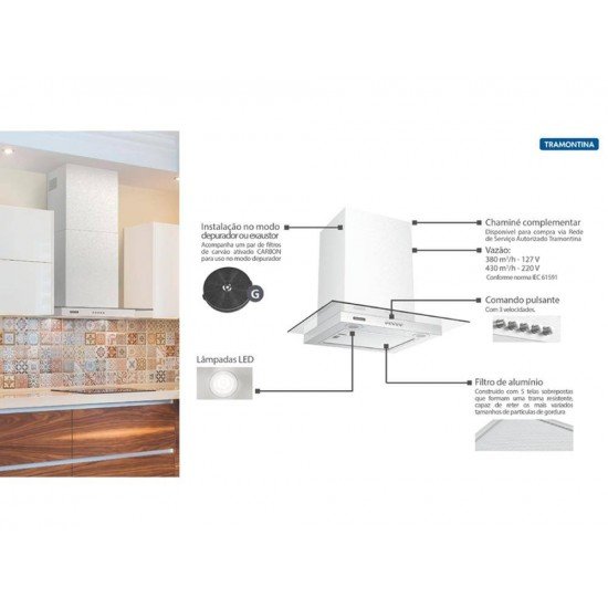 COIFA DE PAREDE ACO+VIDRO VETRO PLANO 60CM TRAMONTINA