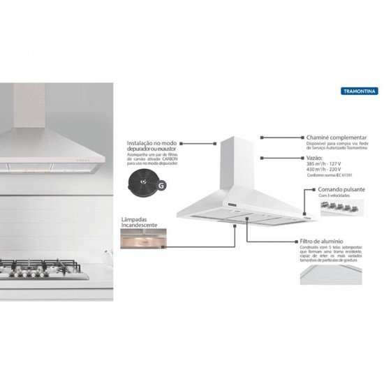 COIFA DE PAREDE ACO INOX PRISMA ECO 90CM TRAMONTINA