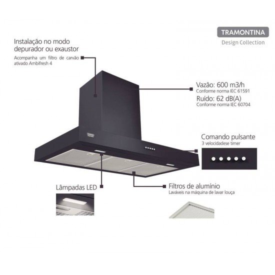 COIFA DE PAREDE DRITTA BLACK 90 EM AÇO INOX PRETA 90CM TRAMONTINA 220V