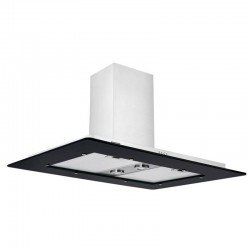 COIFA DE ILHA TRAMONTINA VETRO ISLA FLAT EM AÇO ESCOVADO E VIDRO PRETO 90