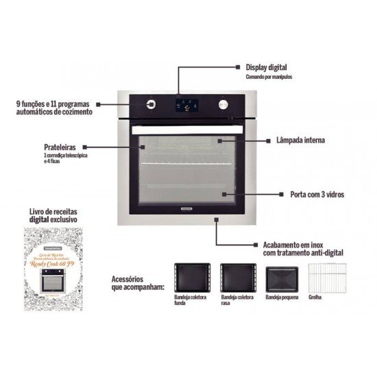 FORNO ELÉTRICO DE EMBUTIR READY COOK EM AÇO INOX COM DISPLAY COLOR 9 FUNÇÕES 69L TRAMONTINA
