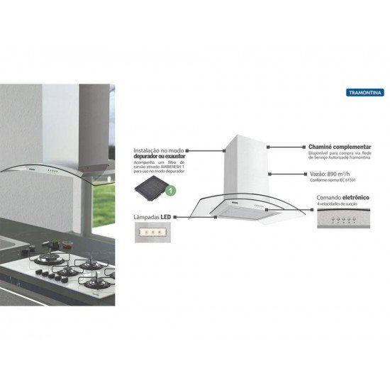 COIFA INOX NEW VETRO ISLA 90 TRAMONTINA