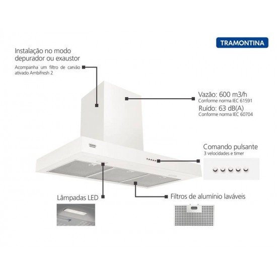COIFA DE PAREDE TRAMONTINA DRITTA WHITE 90 AÇO INOX COM PINTURA AUTOMOTIVA BRANCA 90 CM 220V