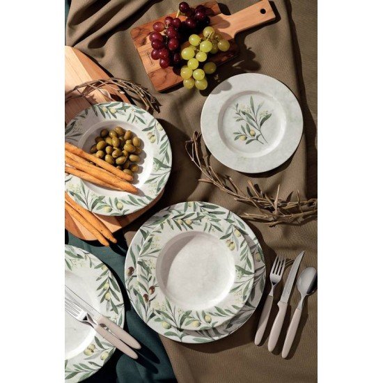 JOGO DE PRATOS TRAMONTINA OLIVA EM PORCELANA DECORADA 12 PEÇAS